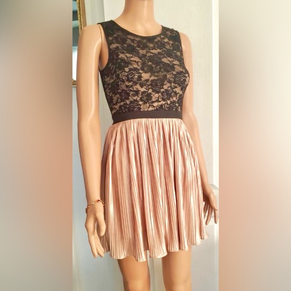 Rewind Black Lace Bodice Blush Pleated Skirt Dress